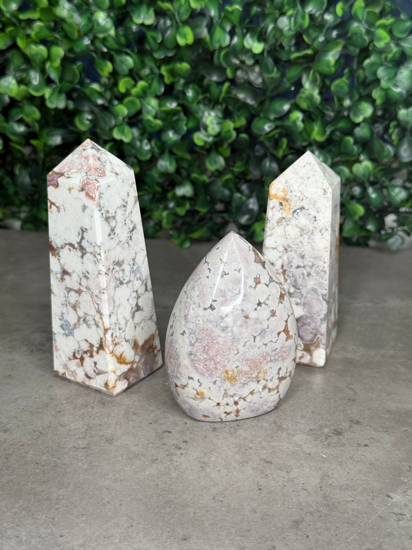 White and Pink Cobra Jasper Crystal Carvings Teardrop and Towers