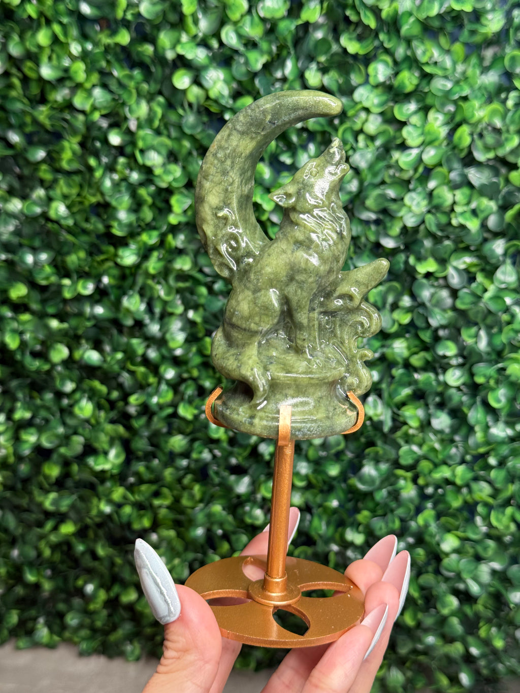 Green Jade Wolf & Moon Crystal Carving