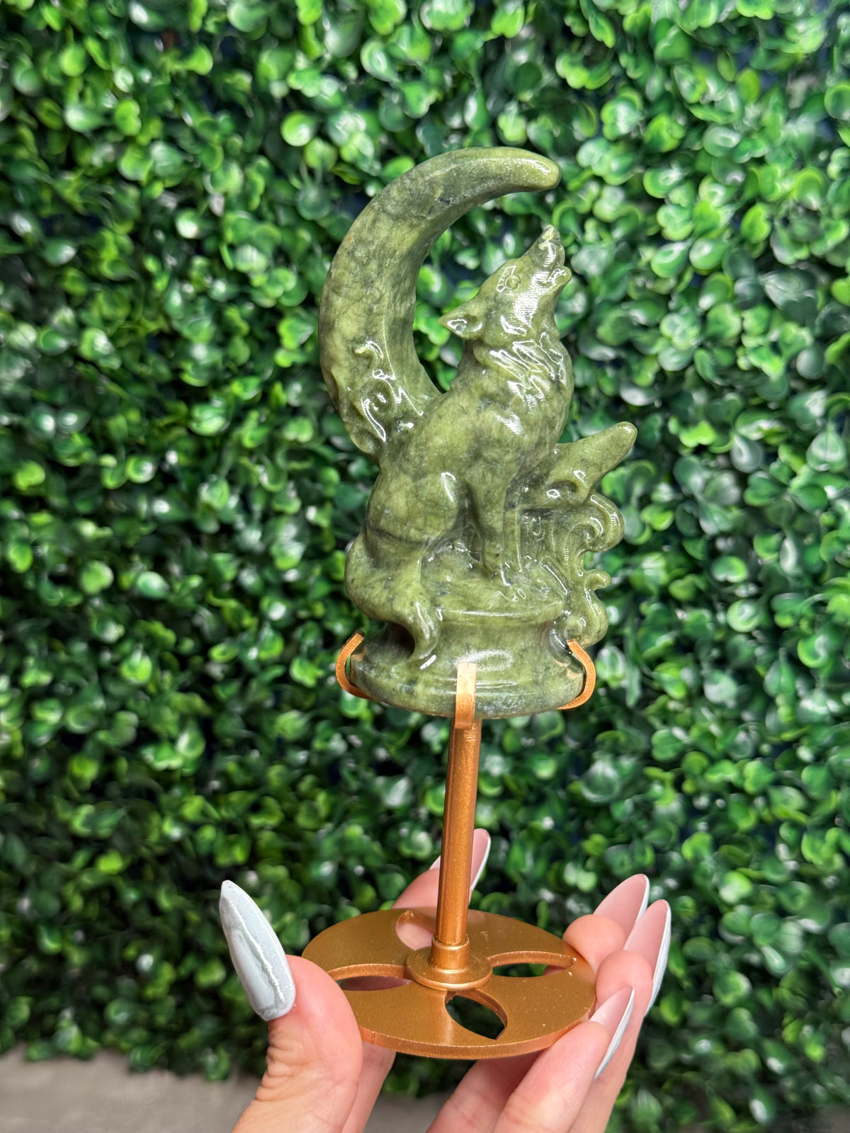 Green Jade Wolf & Moon Crystal Carving