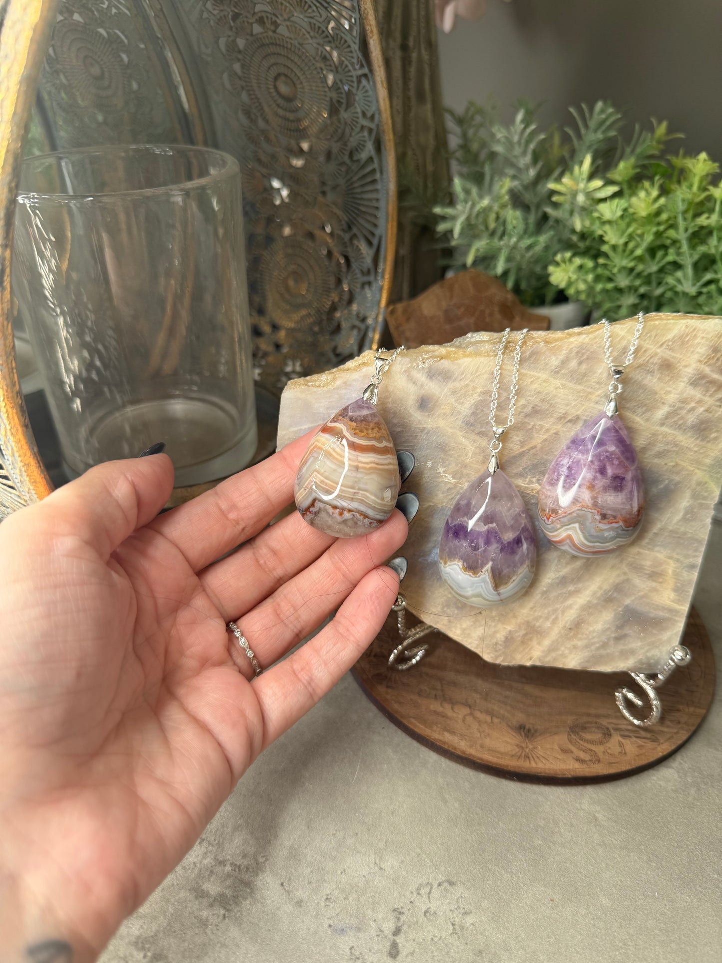 Large Amethyst Agate Silver Crystal Pendants with Chain