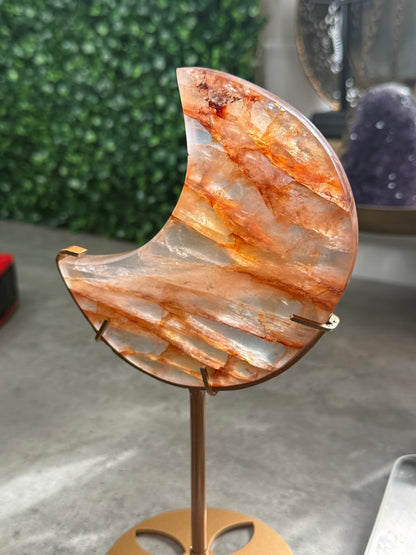 HQ Fire Quartz Moon Crystal Carvings with gold stand