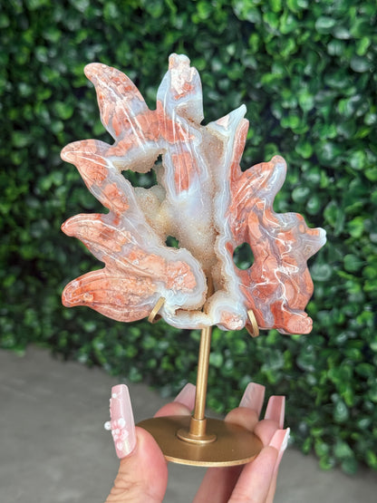 Pink Agate Nine-Tailed Fox Carving with Gold Stand