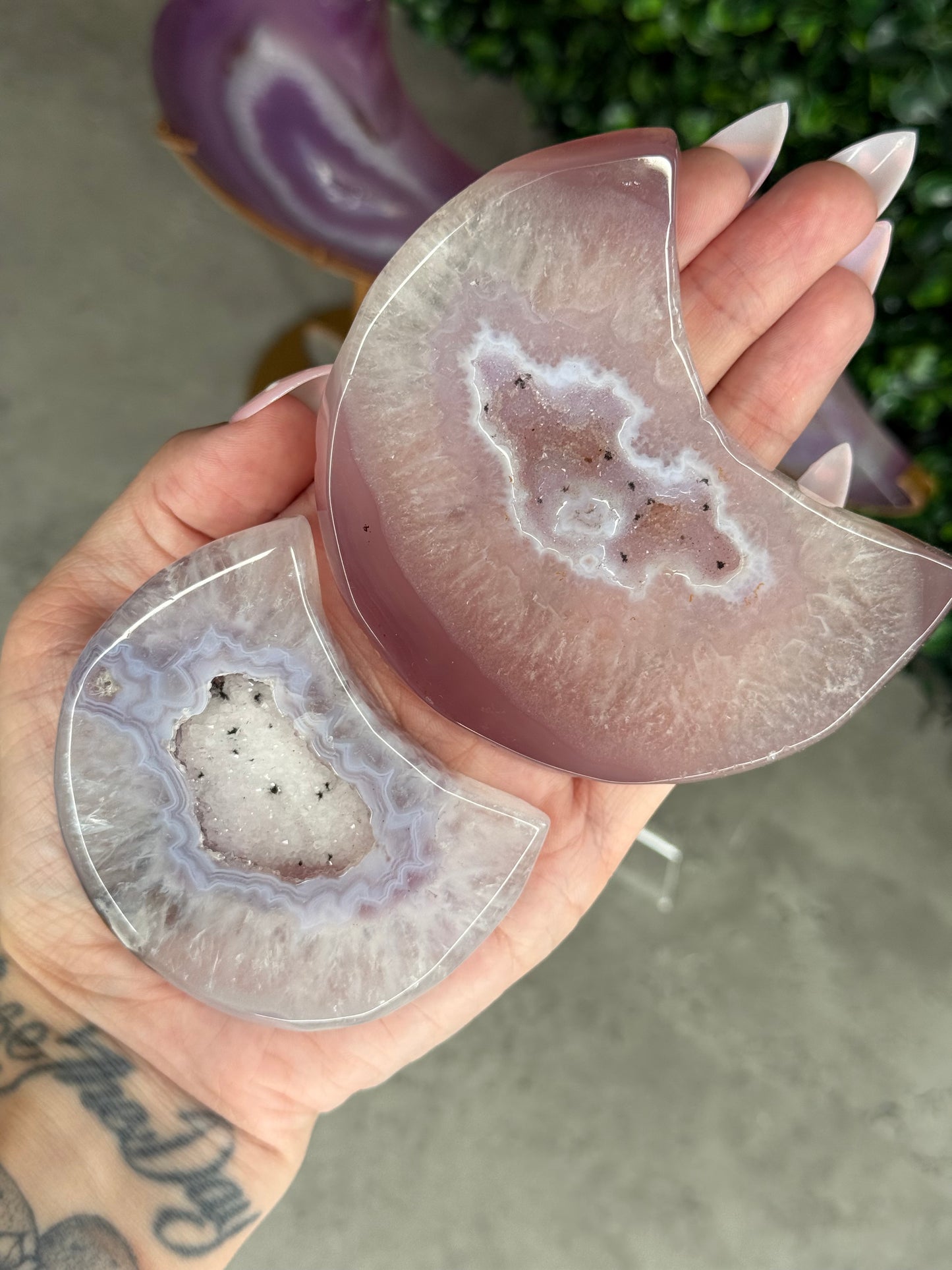 Jelly Agate Crystal Carvings Moons with Gold Stands