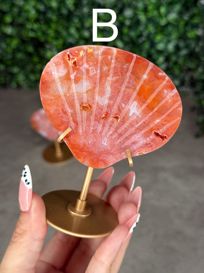 Pink Carnelian Shell Carving with Stand - Indonesian
