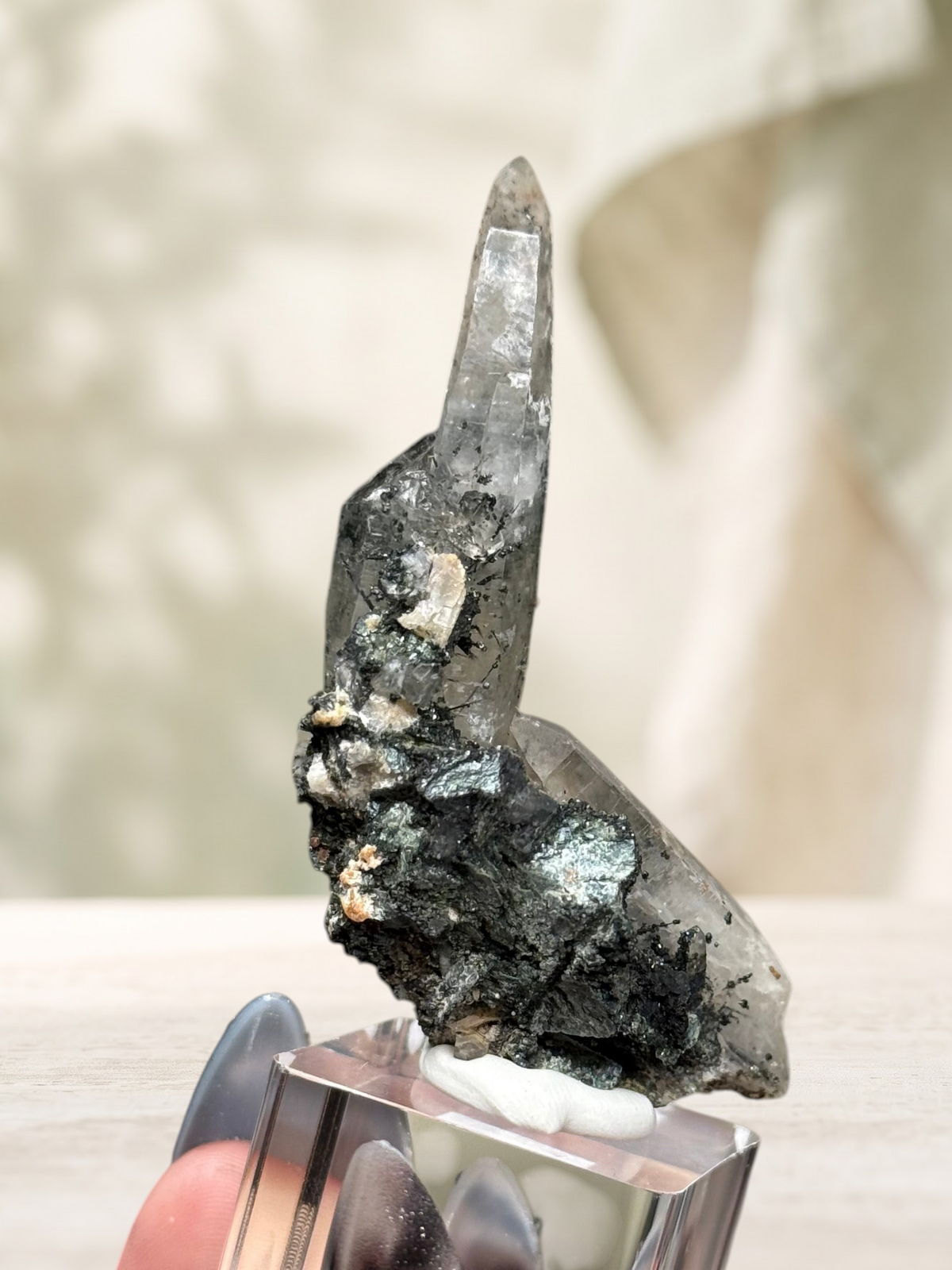 Crystal Glade laser quartz specimen from Balochistan, Pakistan, featuring a slender tapering crystal on a clear stand.