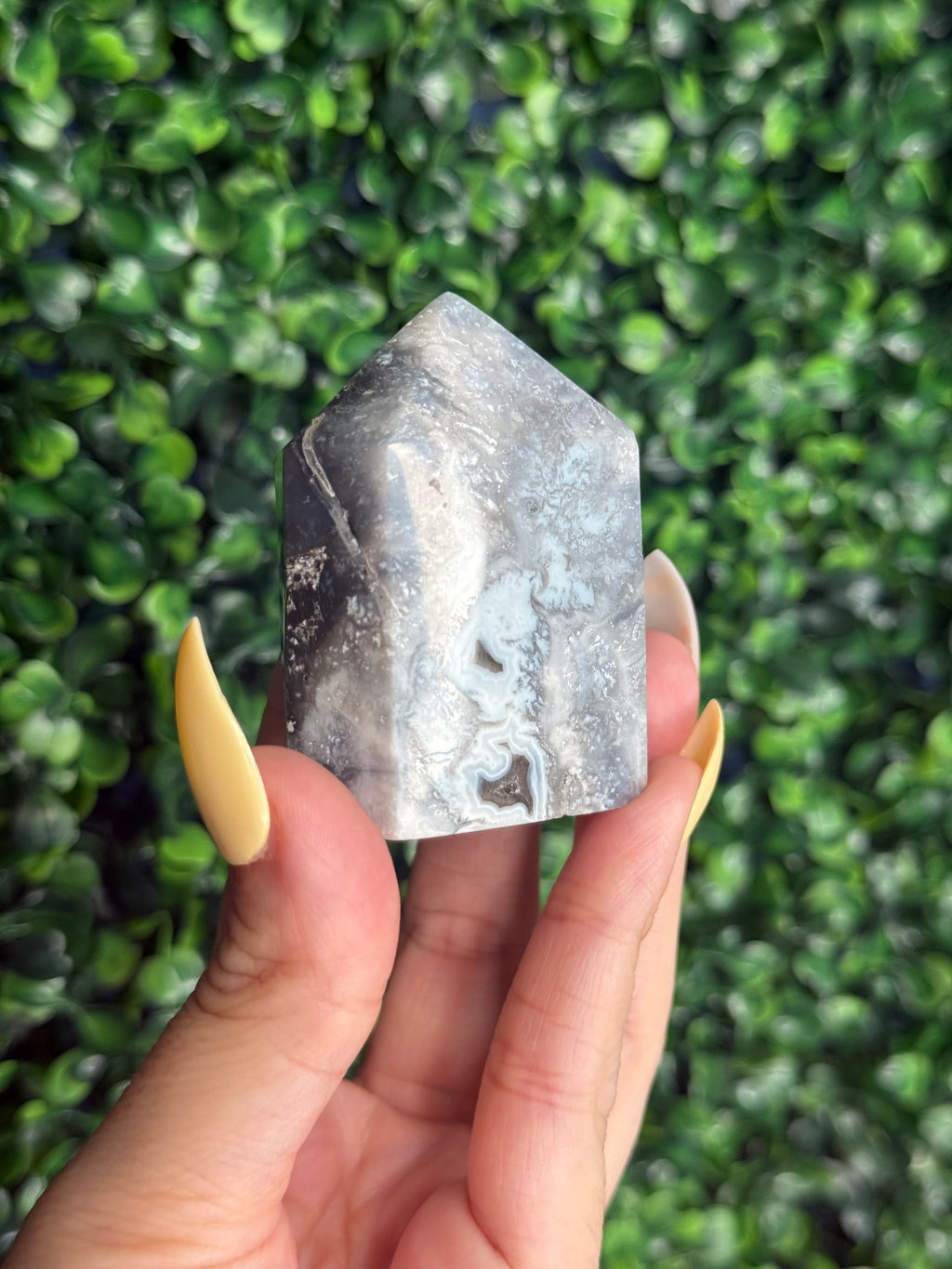 Blue Plume Agate Heart Tower Carving from Indonesia L