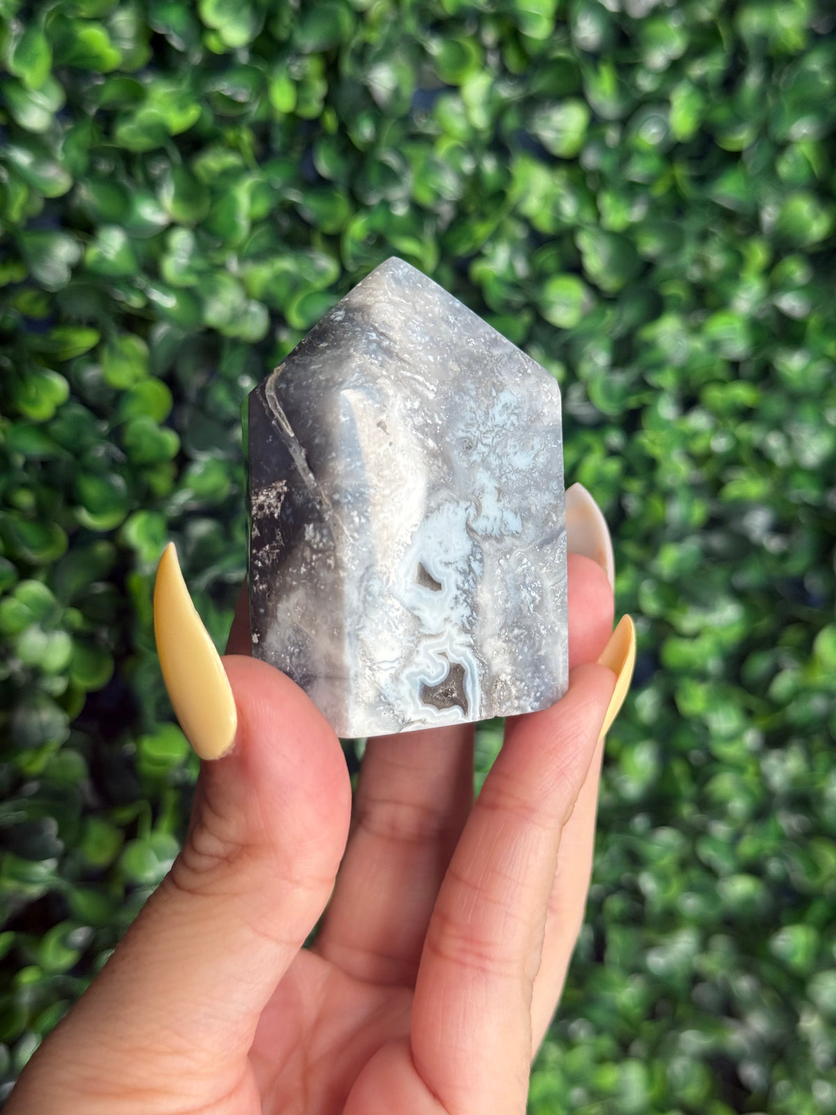 Blue Plume Agate Heart Tower Carving from Indonesia L