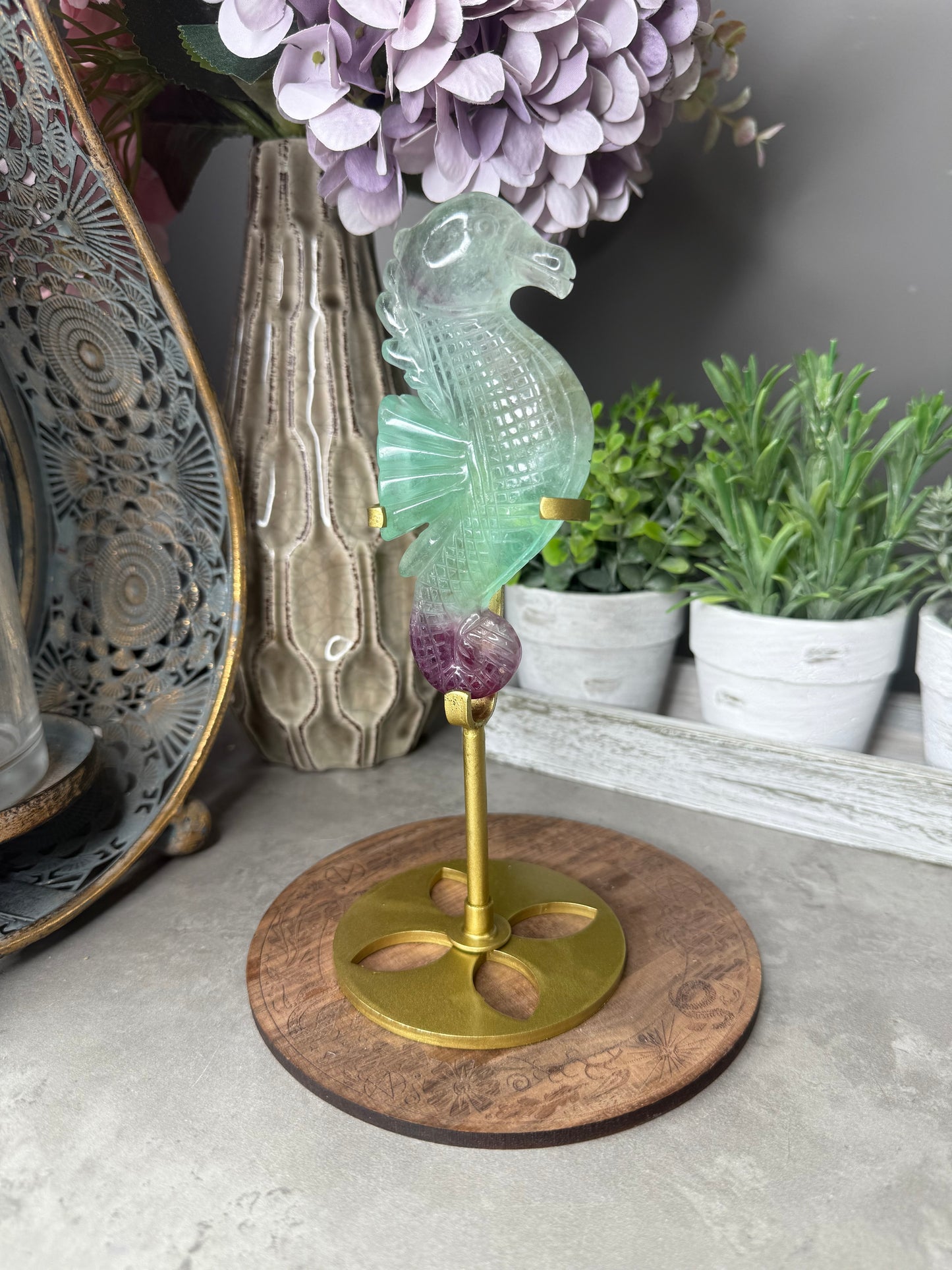 Rainbow Fluorite Seahorse with Gold Stand