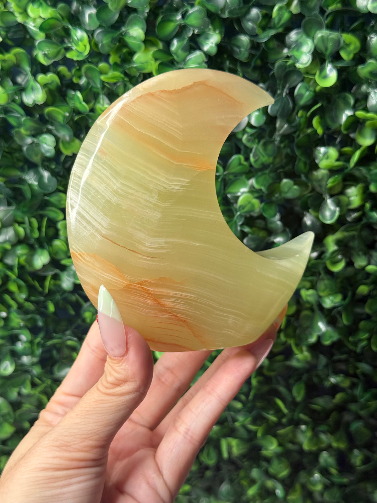 Green Banded Onyx Standing Moon Crystal Carving - Pakistan - B