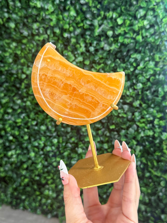 Orange Calcite Moon with Custom Gold Stand from India J