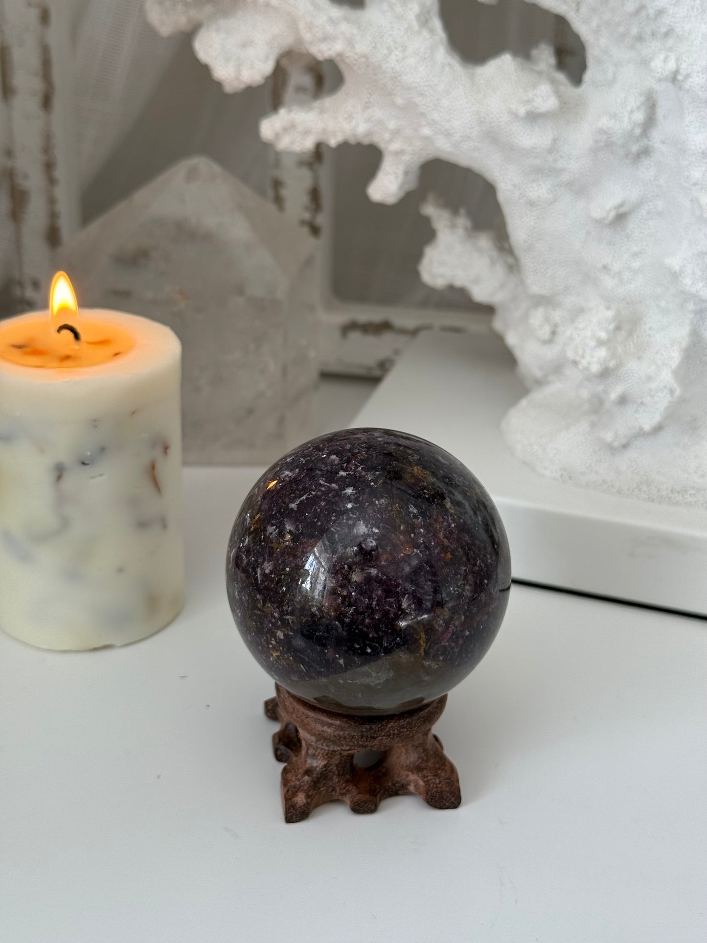 Lepidolite Crystal Sphere with golden healer inclusion