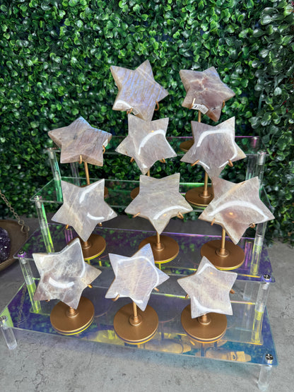 Moonstone Star Carving with Gold Stand – Choose Your Piece (60g–119g)
