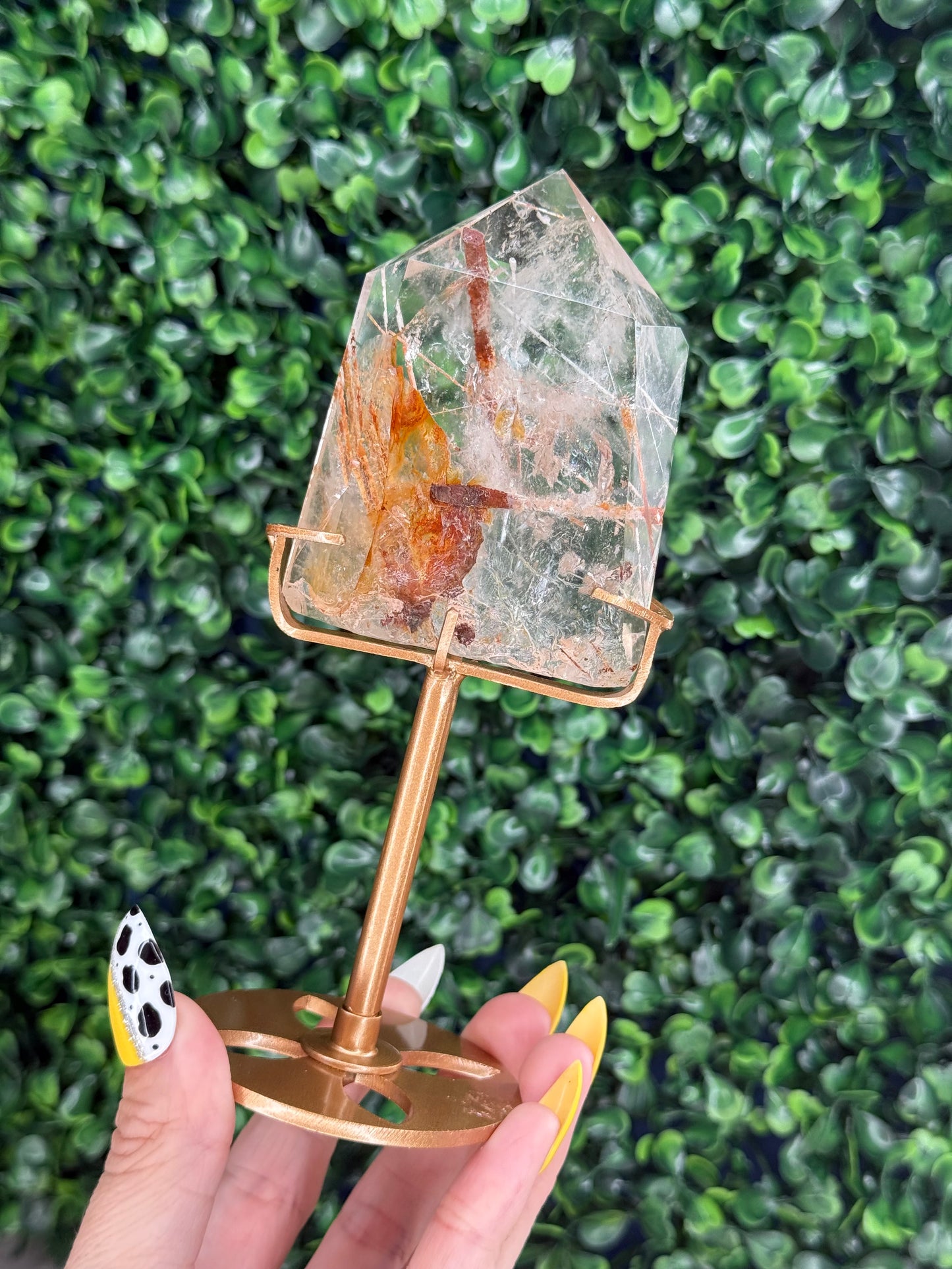 Golden Rutile in Quartz with Custom Gold Stand - Brazil