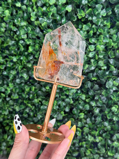 Golden Rutile in Quartz with Custom Gold Stand - Brazil