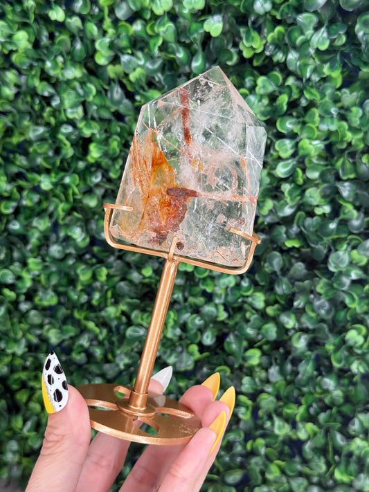 Golden Rutile in Quartz with Custom Gold Stand - Brazil