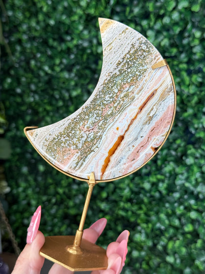 Pink Ocean Jasper moon Crystal carving from Indonesia