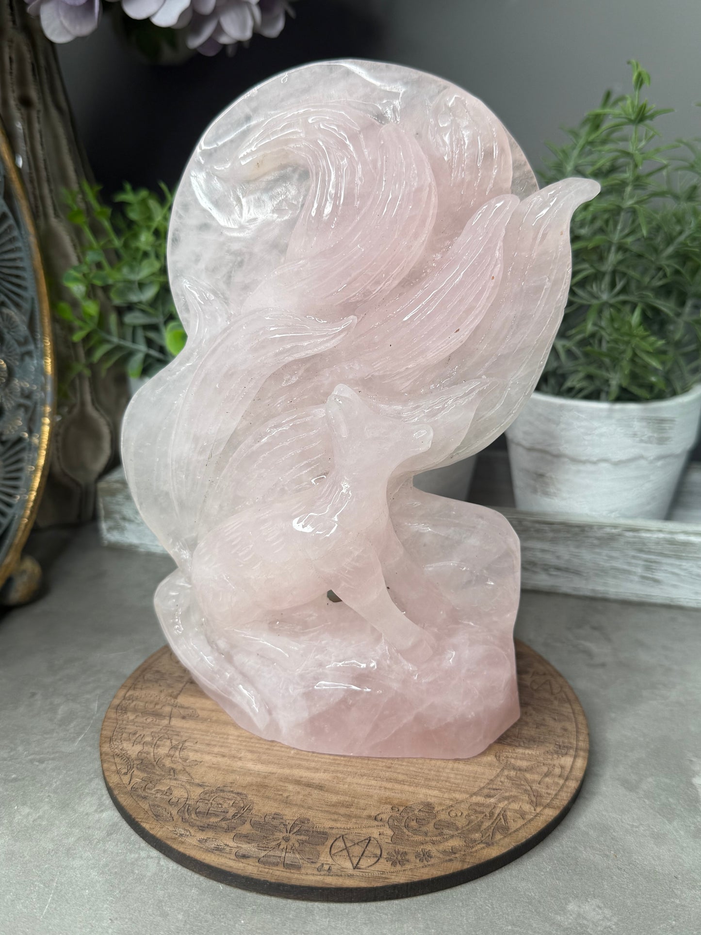 Rose Quartz Nine-Tailed Fox & Moon Carving