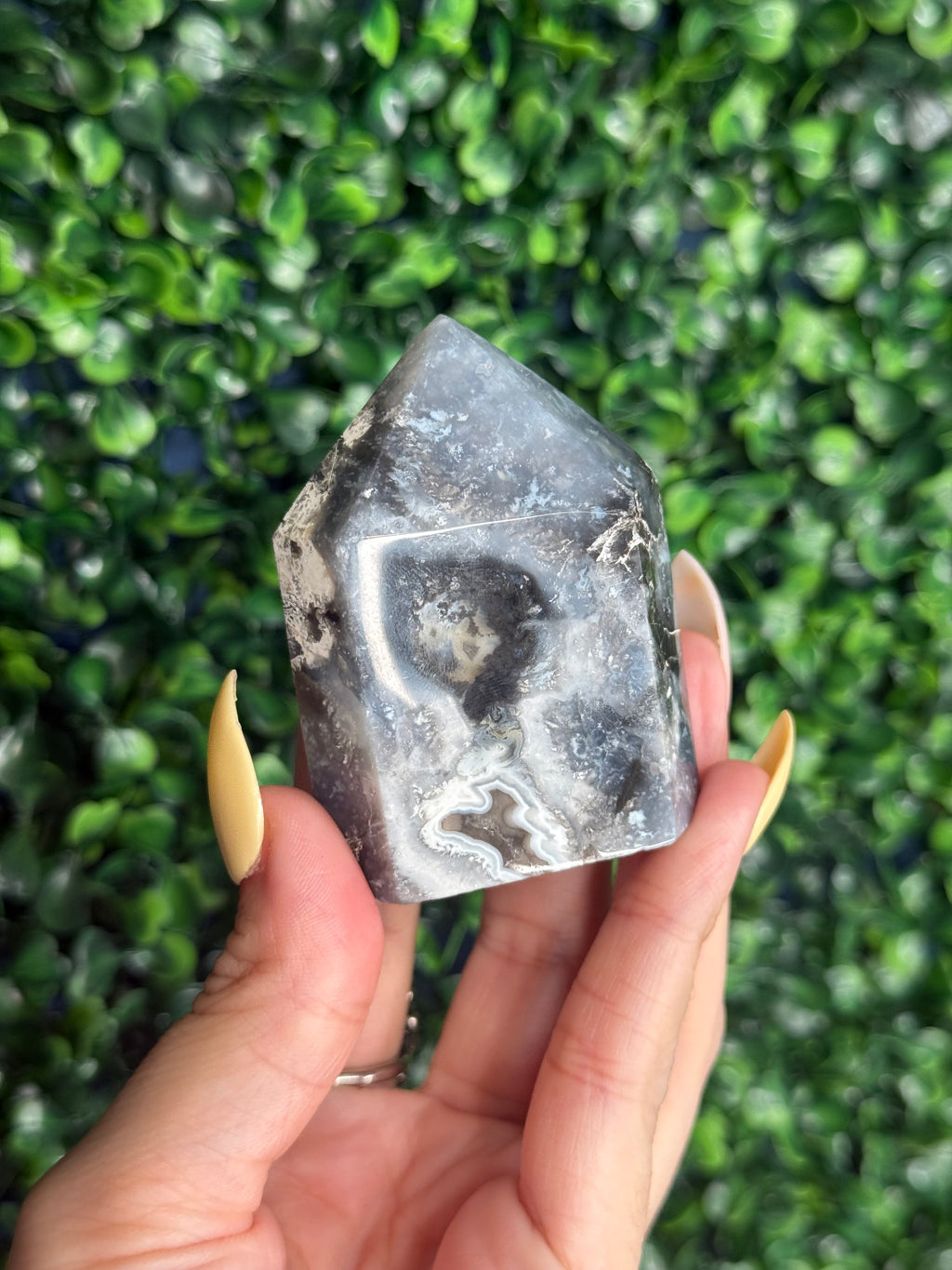 Blue Plume Agate Heart Tower Carving from Indonesia J