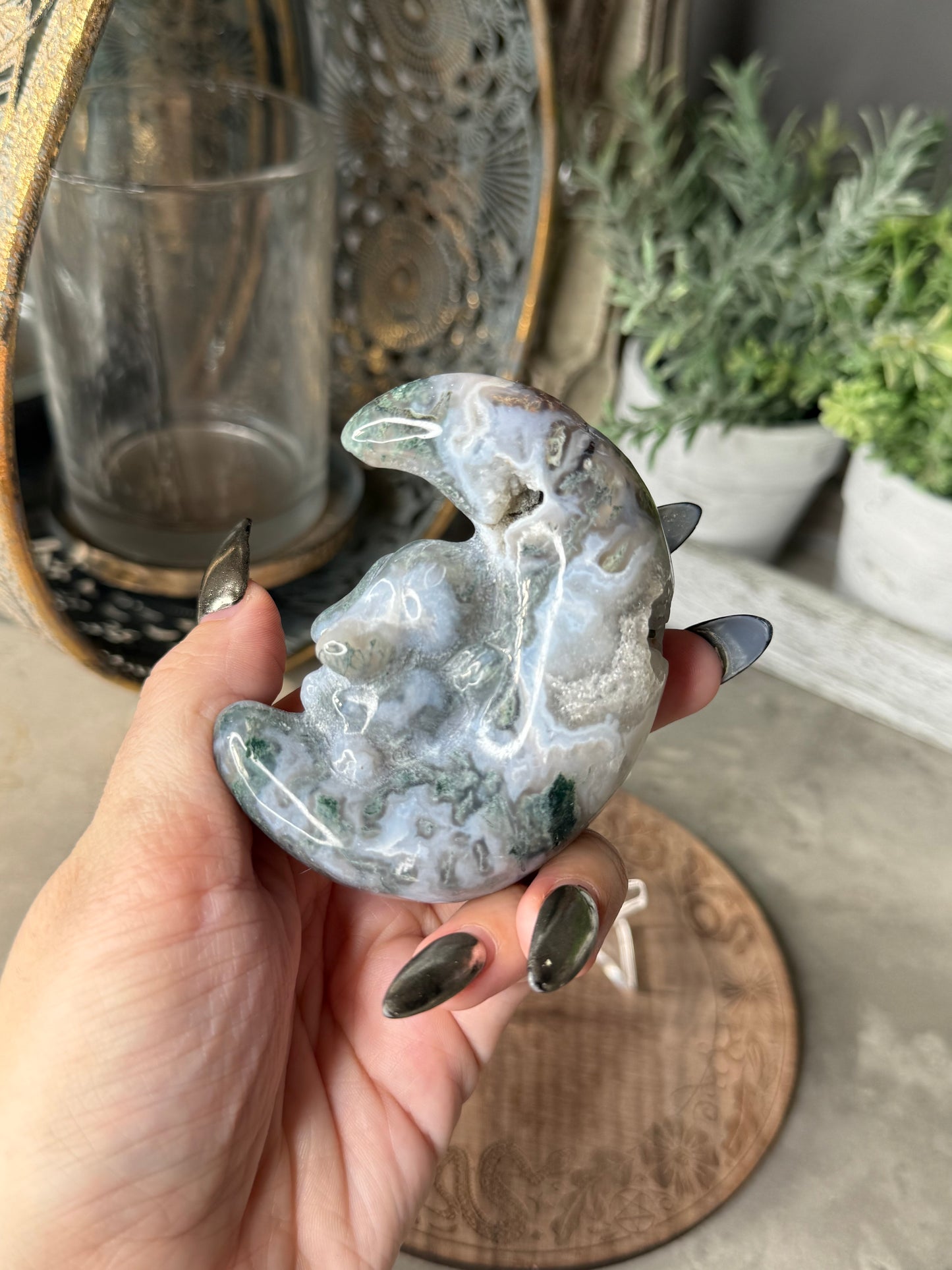 Druzy Moss Agate Moon Bunny