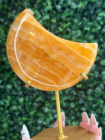 Orange Calcite Moon with Custom Gold Stand from India J