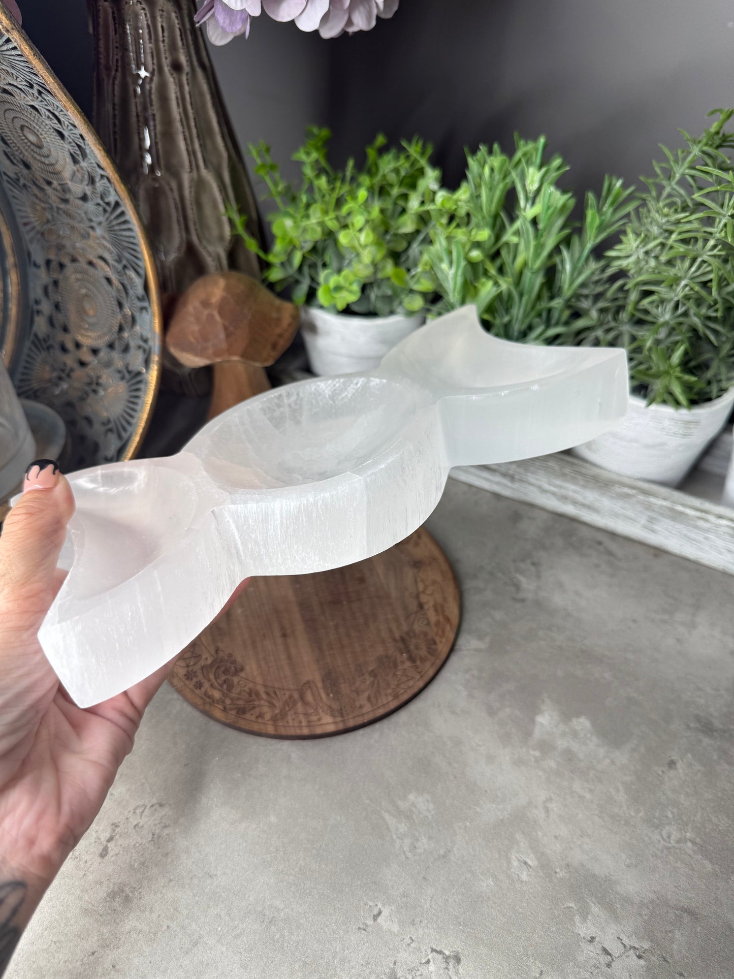 Triple Moon Selenite/Satin Spar Large Crystal Tray Witchcraft Alter