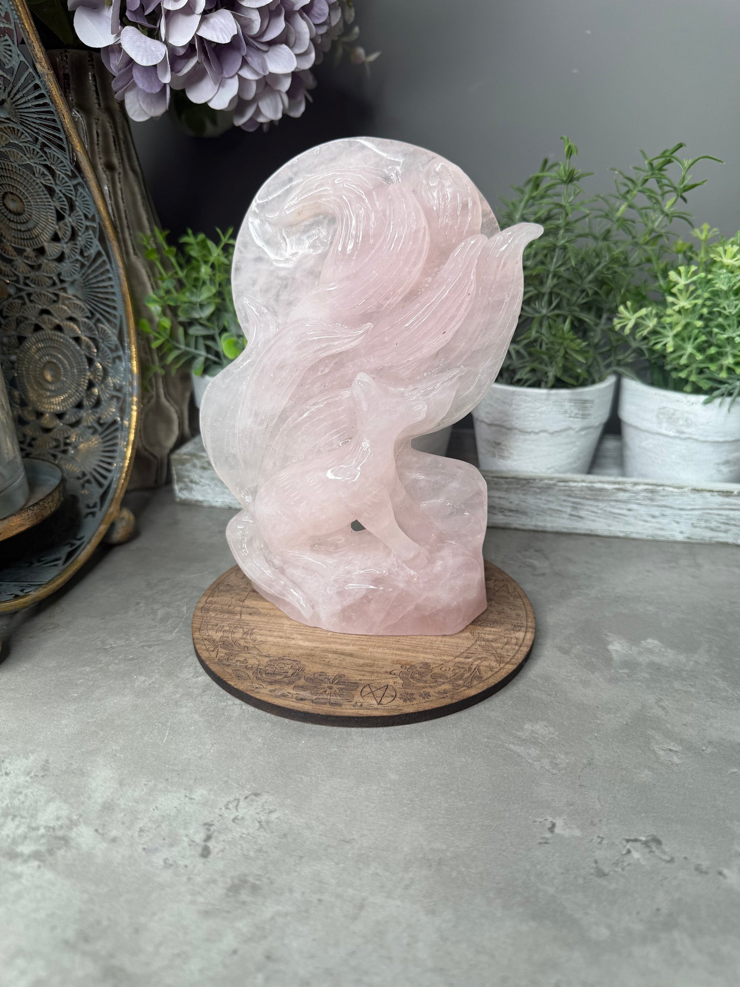 Rose Quartz Nine-Tailed Fox & Moon Carving