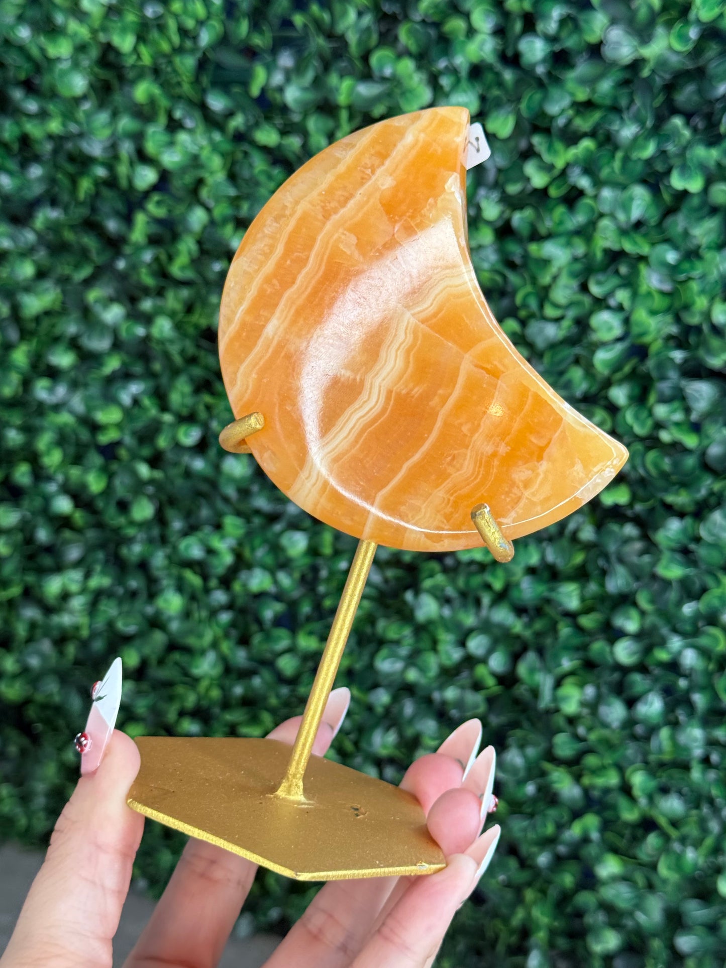 Orange Calcite Moon with Custom Gold Stand from India V