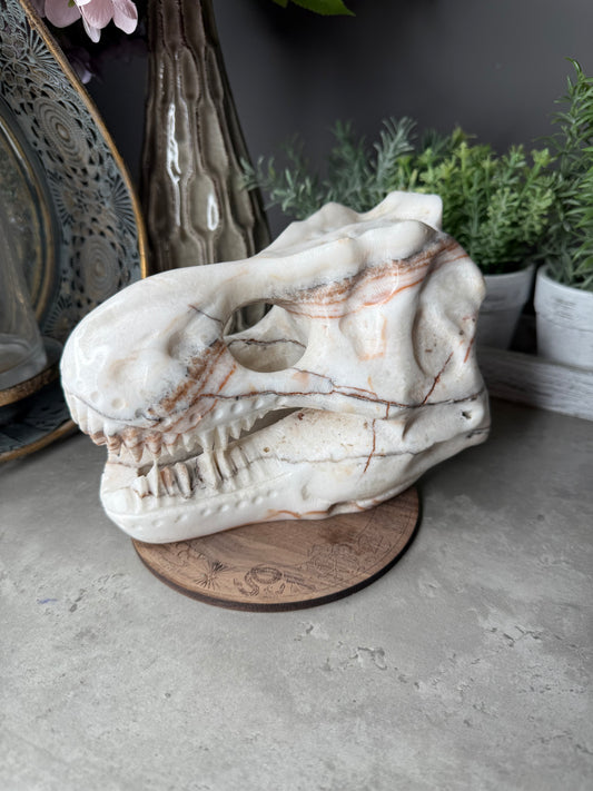 Red Banded Calcite T-Rex Skull