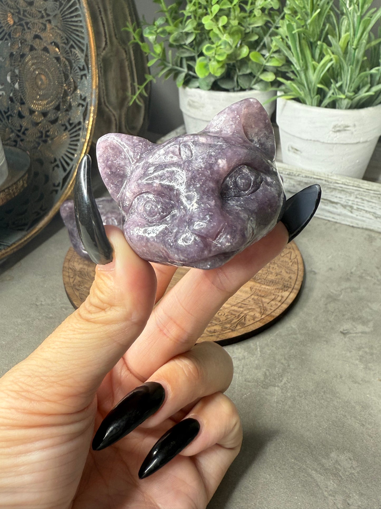 Three Eyed Lepidolite Cat Crystal Carvings