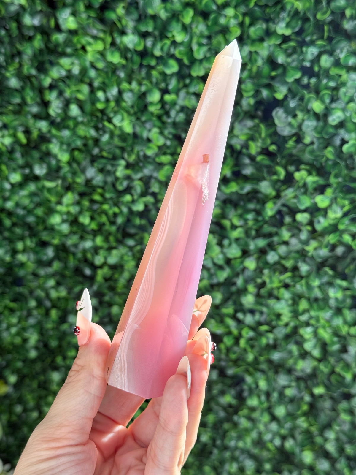 Pink Jelly Agate Obelisk Tower Crystal Carving - C 155g