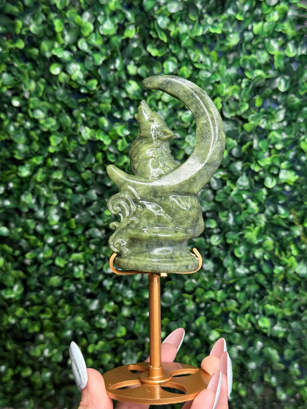 Green Jade Wolf & Moon Crystal Carving
