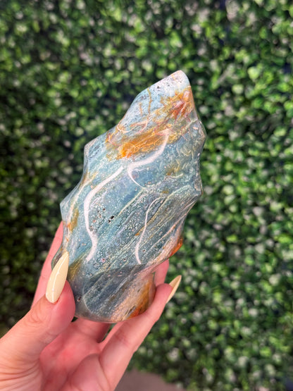 Blue Ocean Jasper Polished Flame Crystal Carvings - 827g