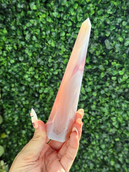 Pink Jelly Agate Obelisk Tower Crystal Carving - C 155g