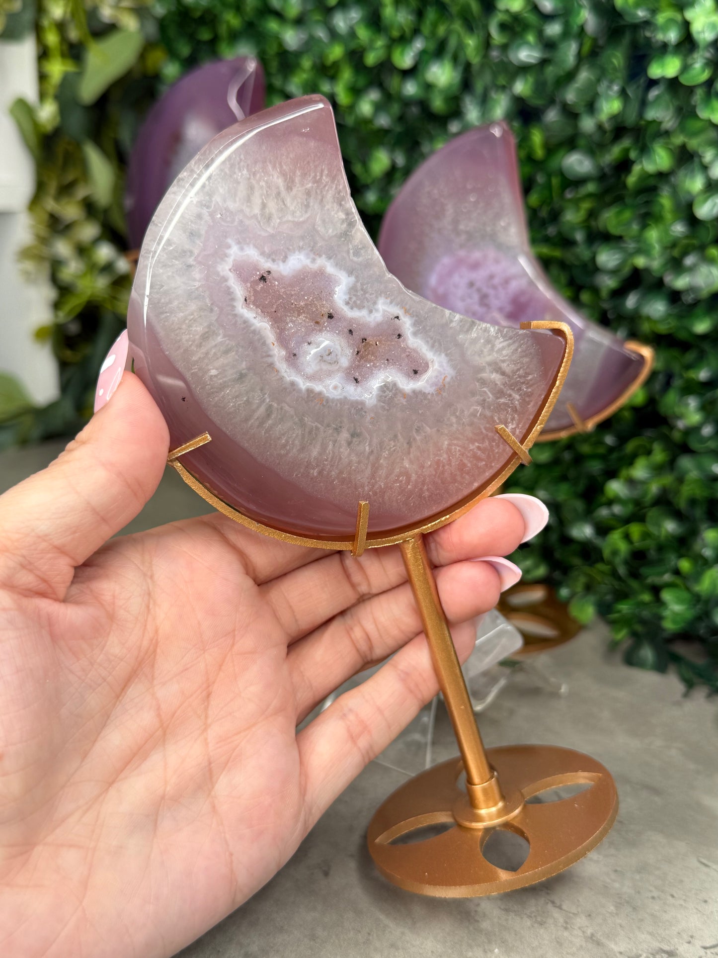 Jelly Agate Crystal Carvings Moons with Gold Stands