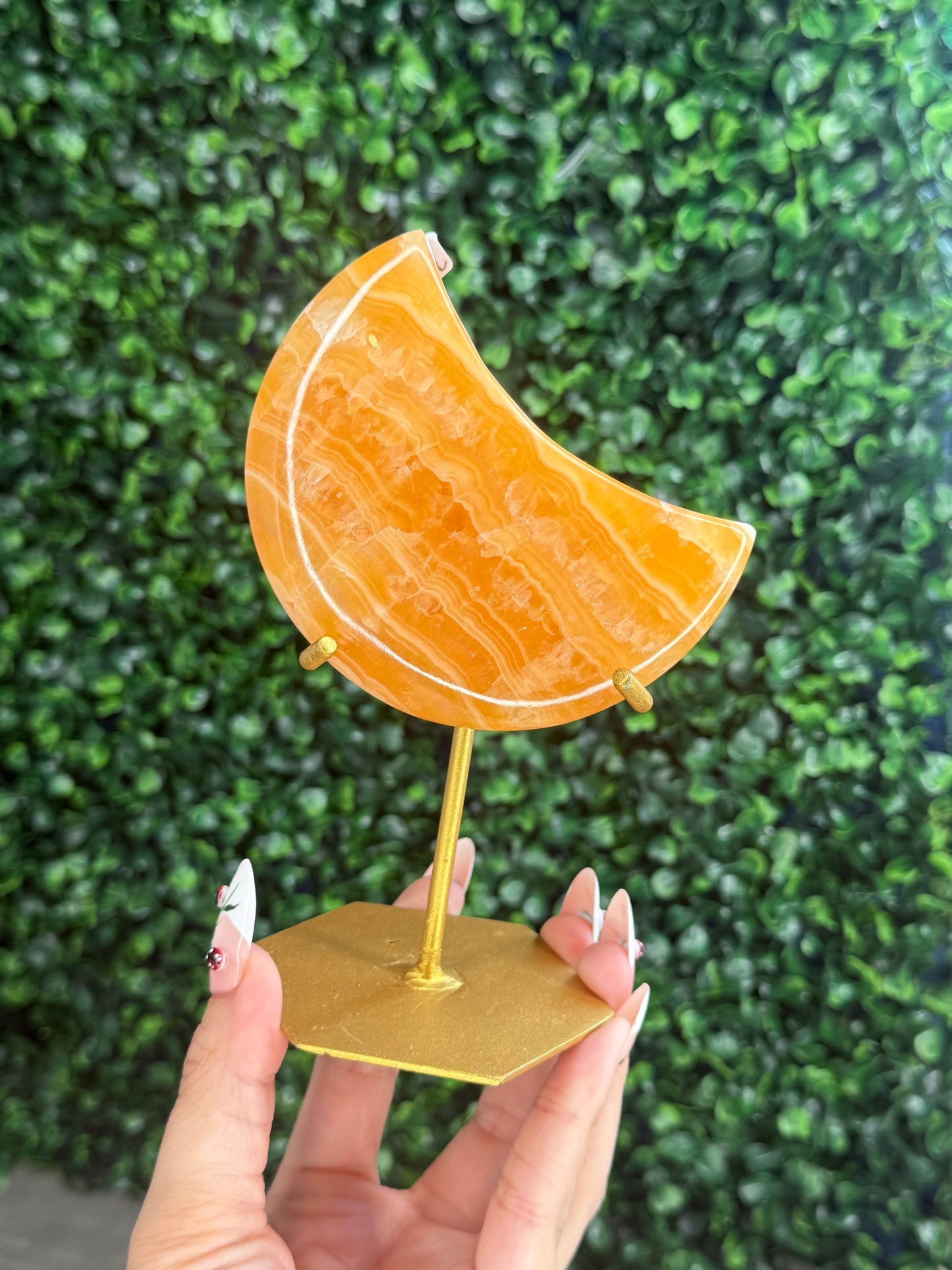 Orange Calcite Moon with Custom Gold Stand from India J