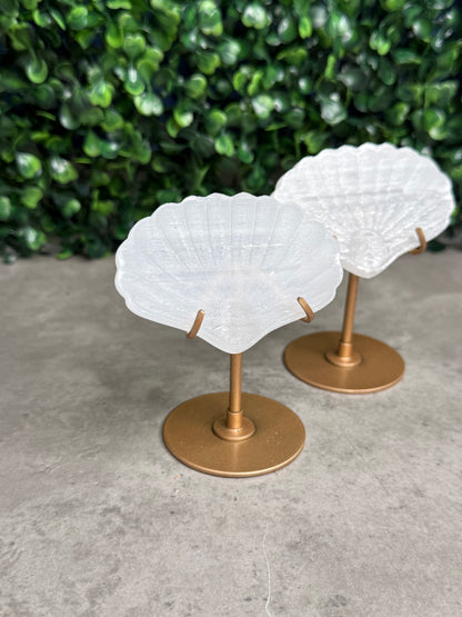 Satin Spar Selenite Shell Carving on Gold Stand