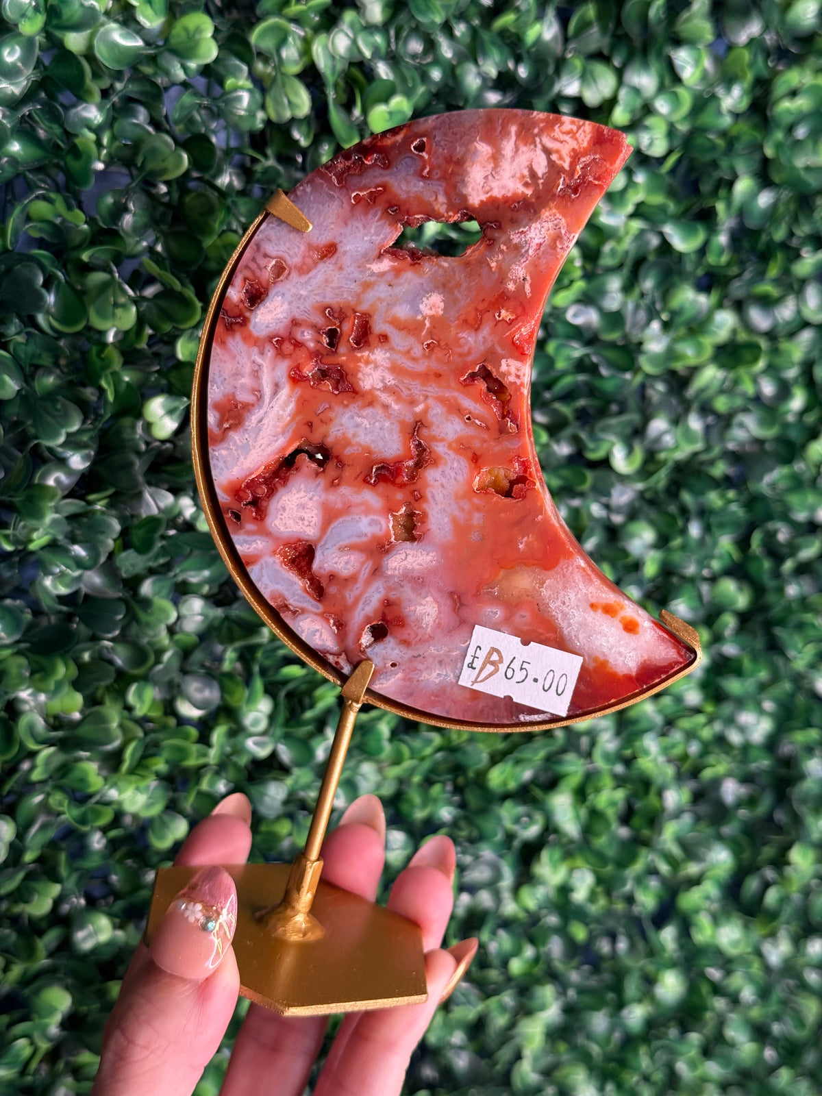 Colourful Carnelian Moon from Indonesia with gold stand