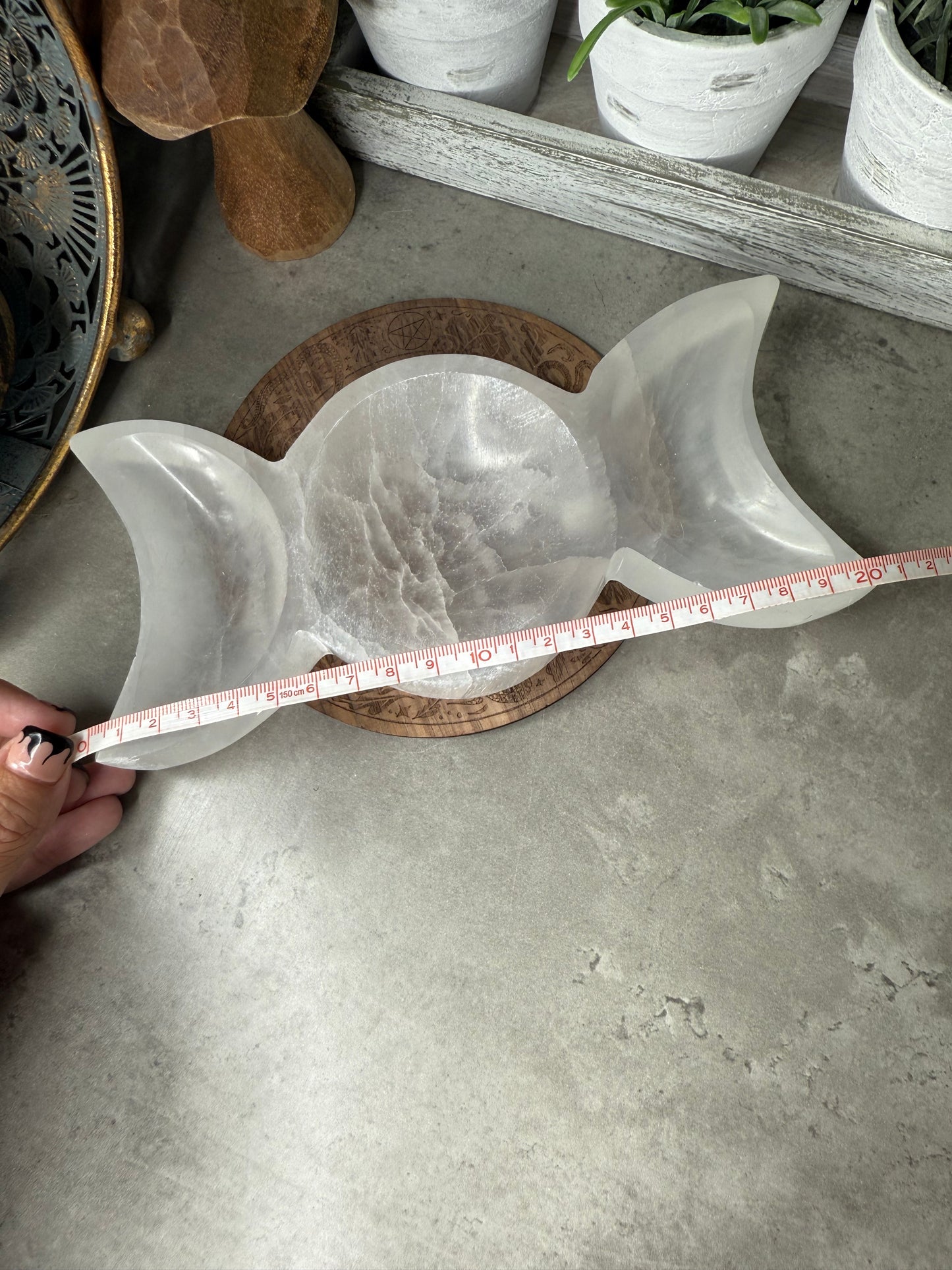 Triple Moon Selenite/Satin Spar Large Crystal Tray Witchcraft Alter