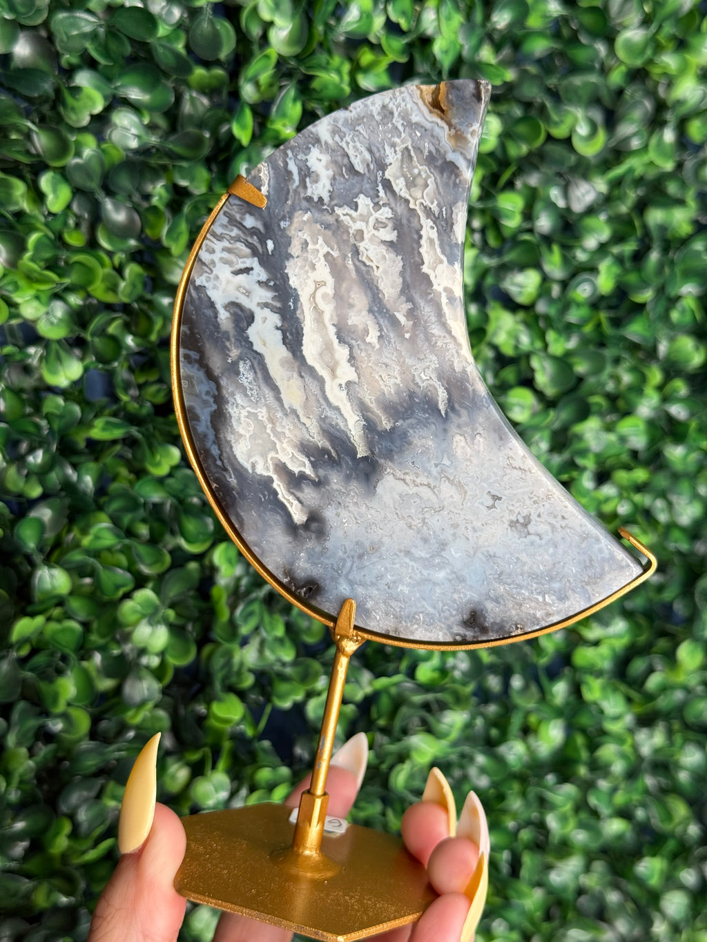 Blue Plume Agate Moon Crystal Carving from Indonesia G