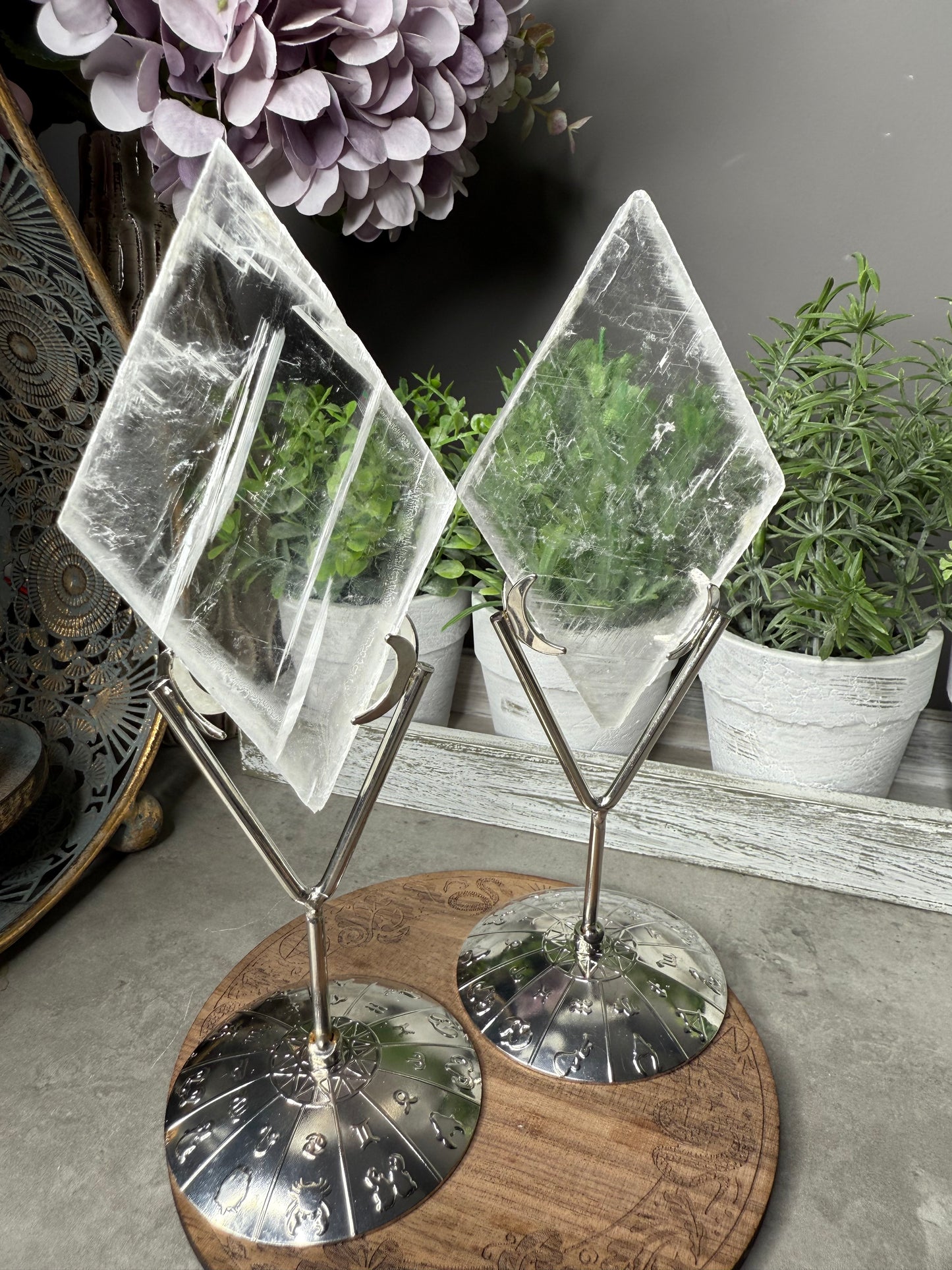 Selenite Rhombus Crystal on Silver Stand