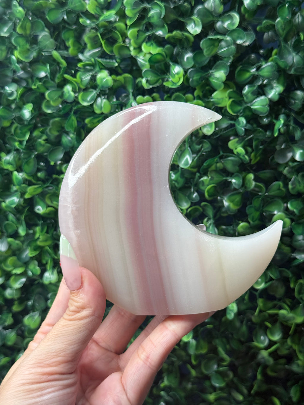 Pink Banded Onyx Standing Moon Crystal Carving - Pakistan - B