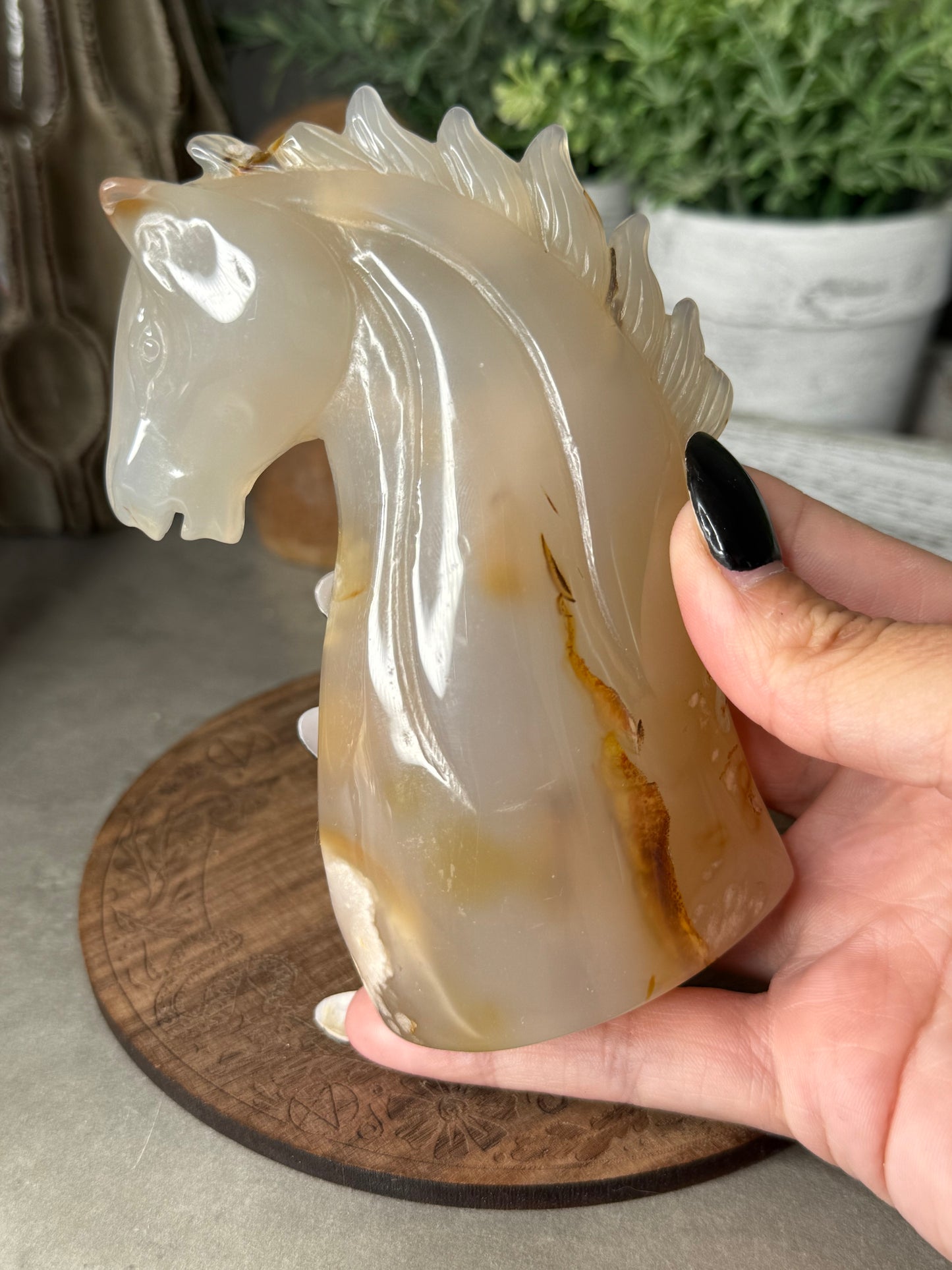 Flower Agate Crystal Horse Head Druzy Carving