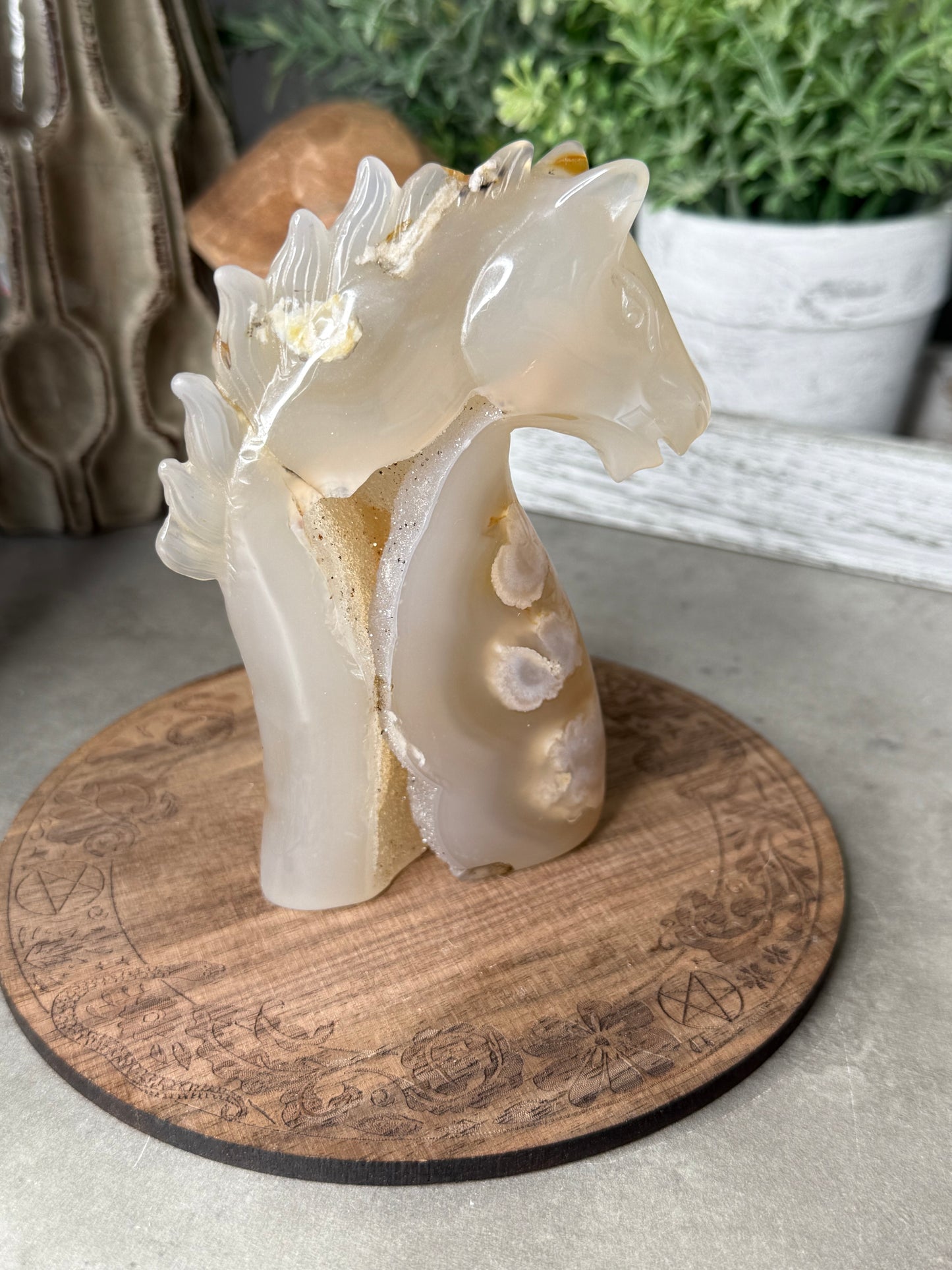 Flower Agate Crystal Horse Head Druzy Carving