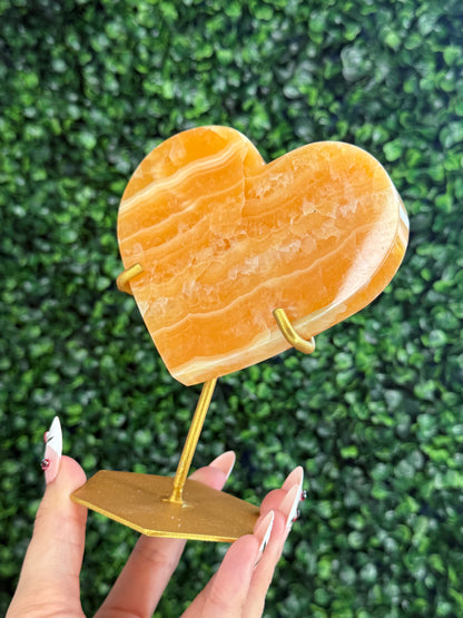 Orange Calcite Heart with Custom Gold Stand from India W