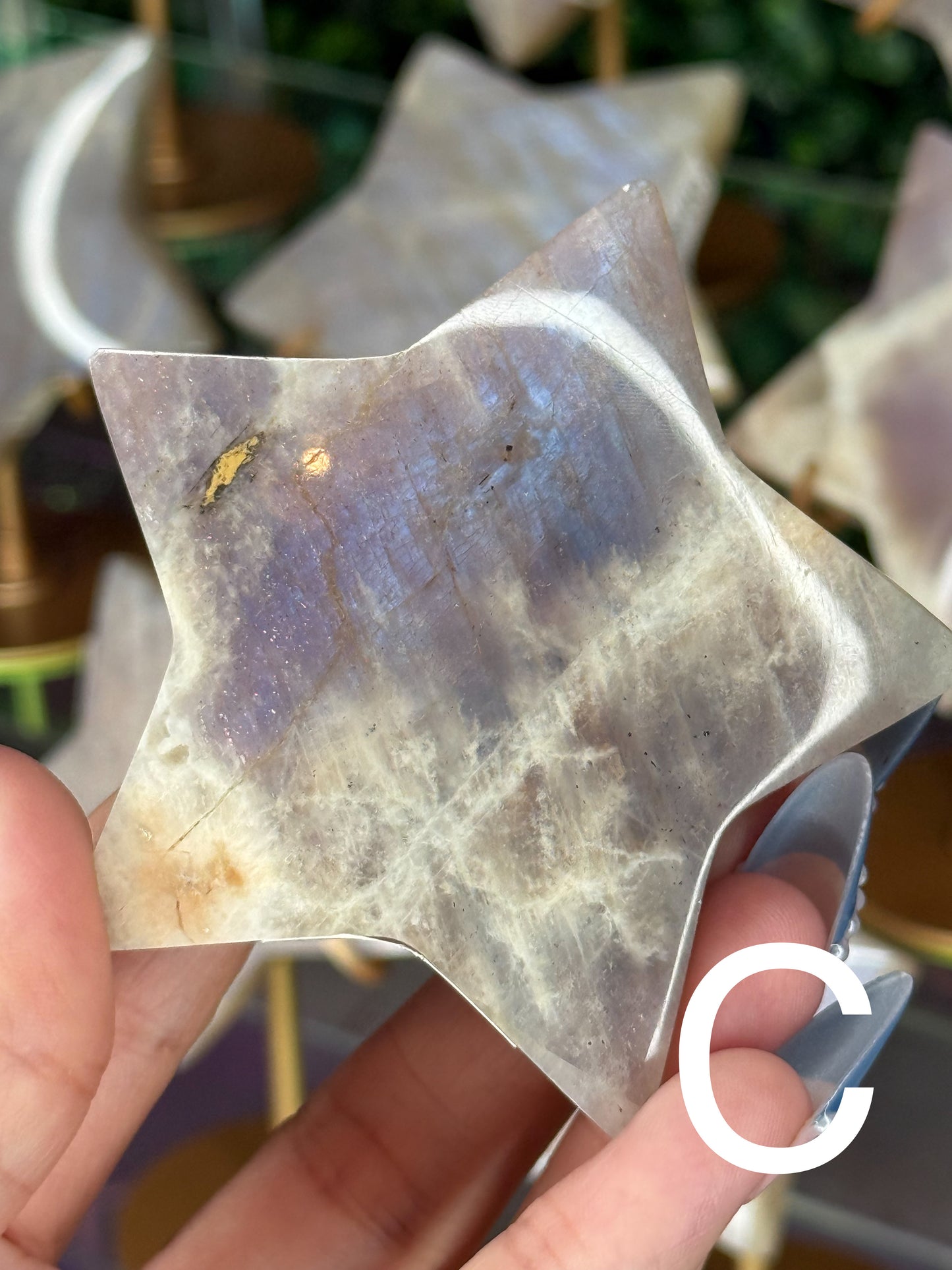 Moonstone Star Carving with Gold Stand – Choose Your Piece (60g–119g)