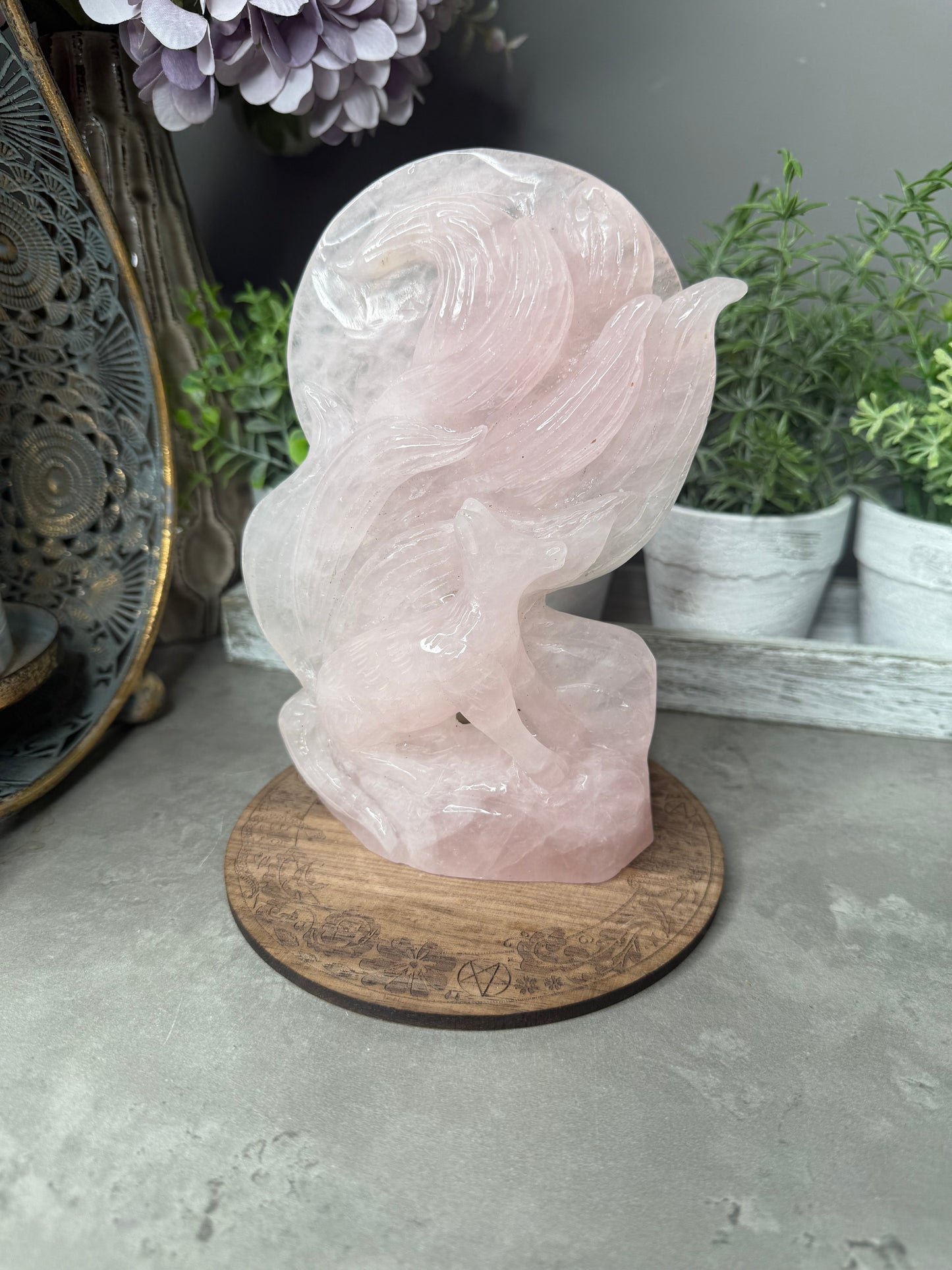 Rose Quartz Nine-Tailed Fox & Moon Carving