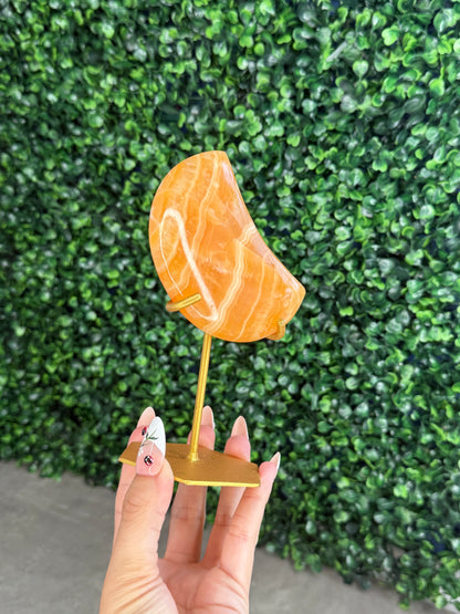 Orange Calcite Moon with Custom Gold Stand from India V