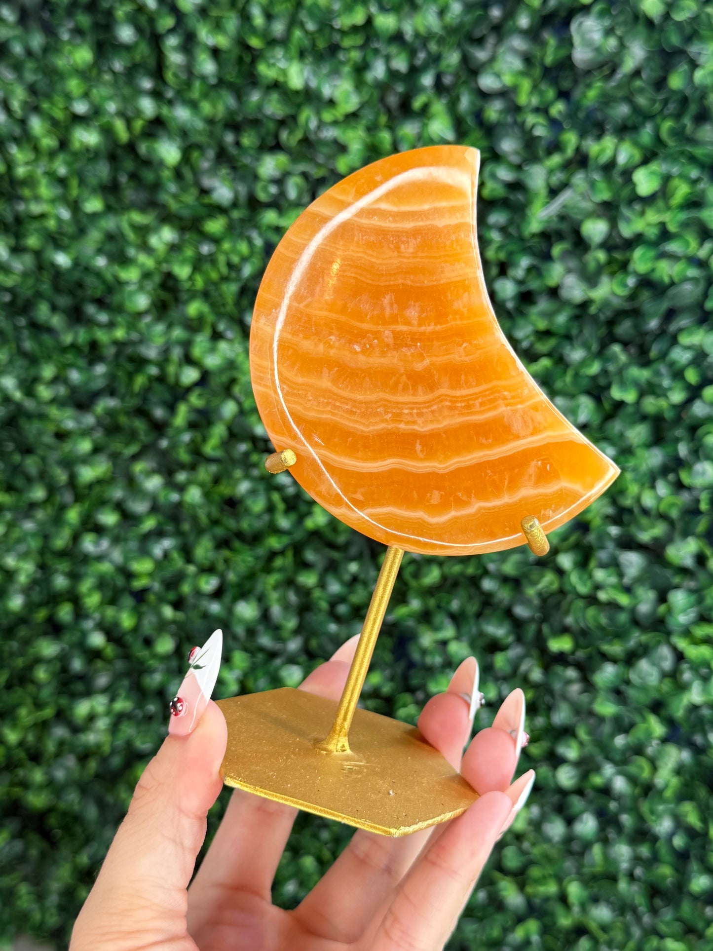 Orange Calcite Moon with Custom Gold Stand from India D