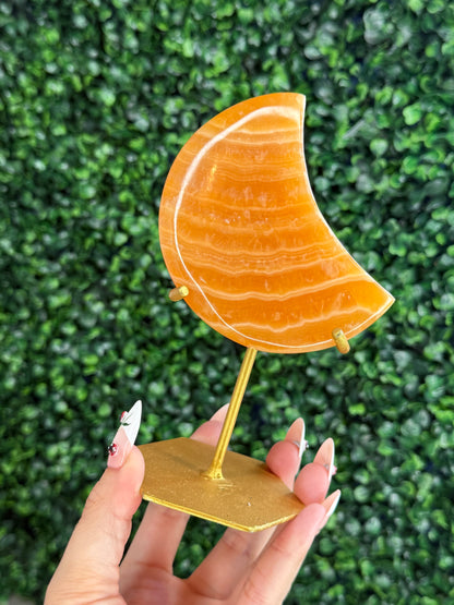 Orange Calcite Moon with Custom Gold Stand from India D