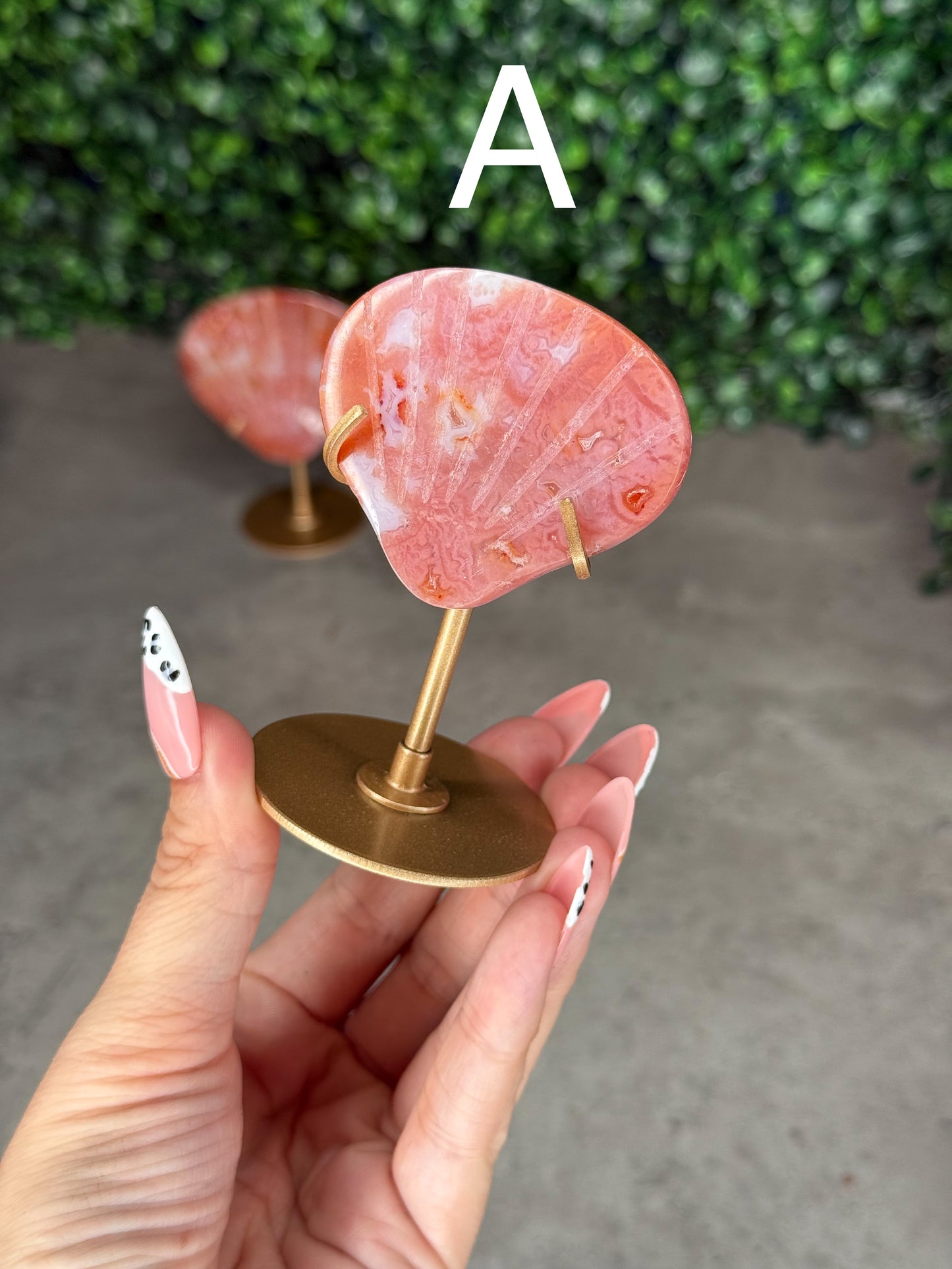 Pink Carnelian Shell Carving with Stand - Indonesian